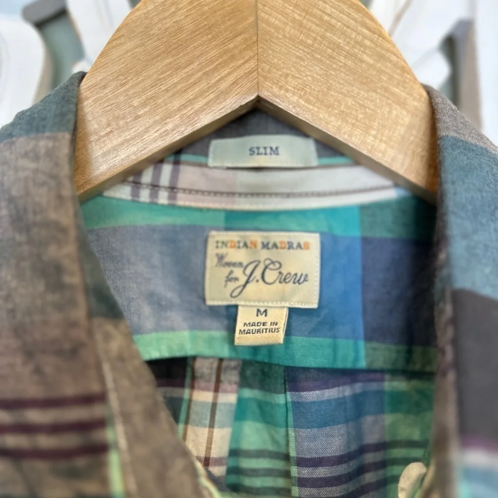 J. Crew Indian Madras Men's Slim Fit Lightweight Plaid Shirt Teal Surf Medium